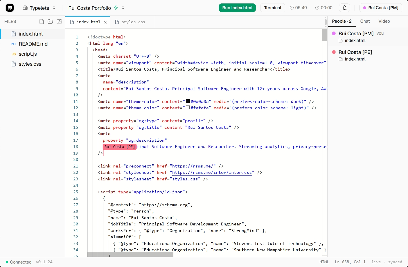 Two-person collaborative workspace open on index.html. The People panel on the right shows "Rui Costa [PM] (you)" and "Rui Costa [PE]" both viewing index.html, and a remote cursor labeled "Rui Costa [PE]" is visible inline on line 18 in the editor.