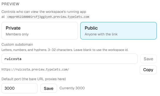 Workspace settings Preview tab with the Custom subdomain field set to "ruicosta" and the resolved URL https://ruicosta.preview.typelets.com showing below with a Copy button.