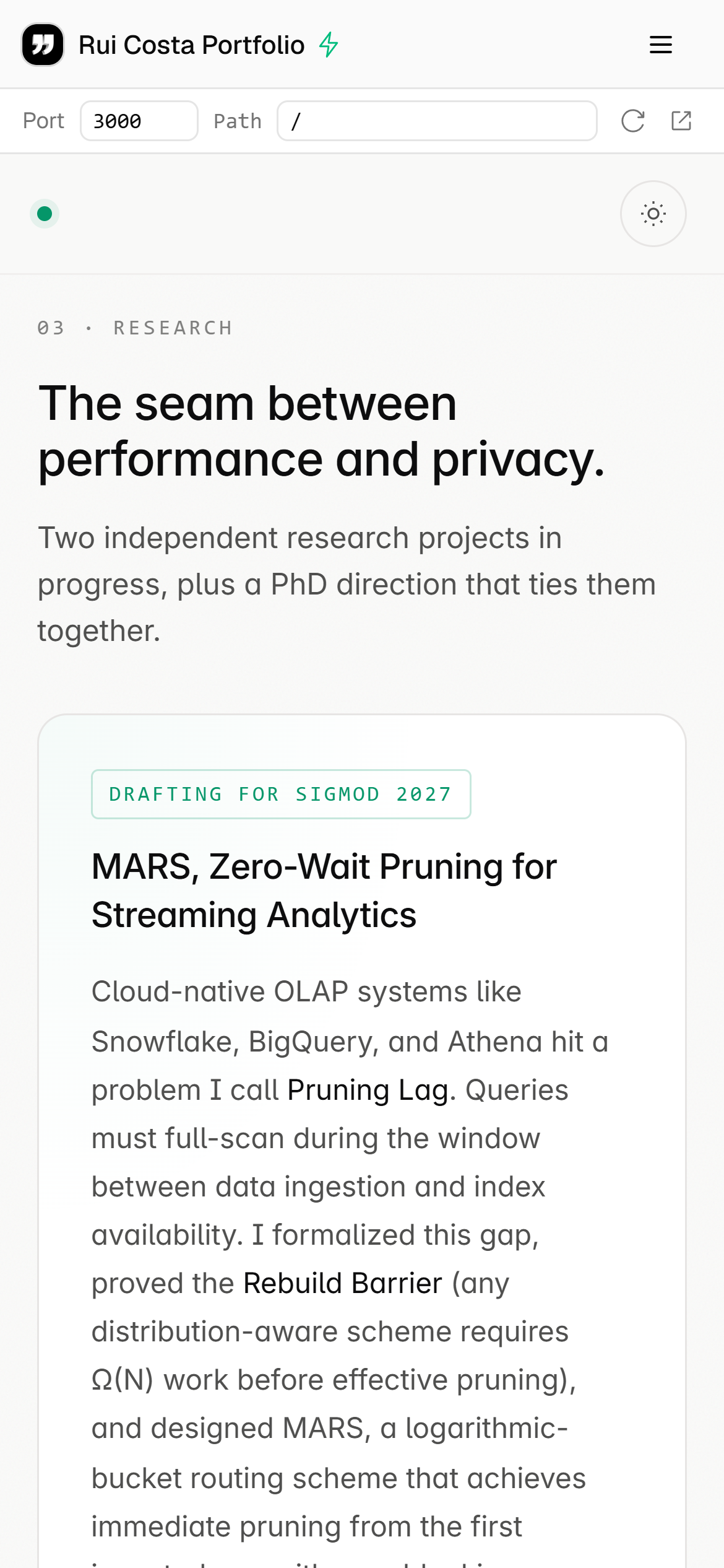 iPhone screenshot of the Typelets mobile spectator view rendering a portfolio site running inside a Typelets workspace. The header shows the org icon, "Rui Costa Portfolio", and a hamburger; the body shows the embedded portfolio with the "The seam between performance and privacy" research section.